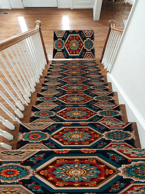 Navy Hexagon Mandala Mosaic Stair Treads, Non-Slip Stair Mat Set