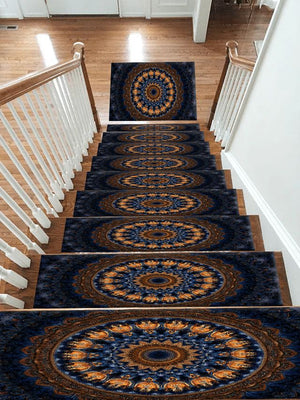 Navy and Gold Concentric Mandala Stair Treads, Non-Slip Stair Mat Set