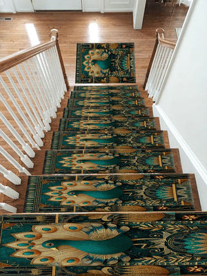 Teal Peacock Art Deco Stair Treads, Non-Slip Stair Mat Set