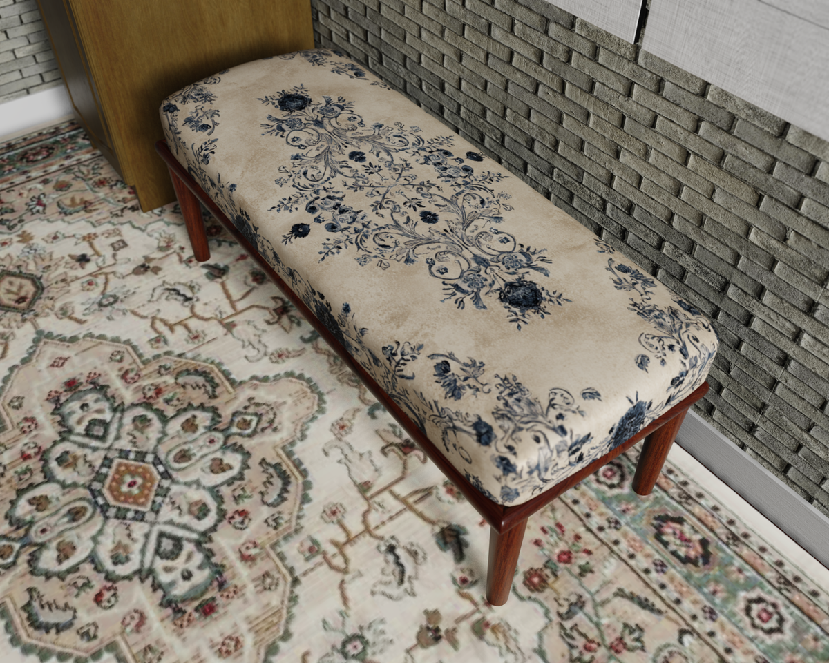 Ivory & Navy Delft Floral bench 3