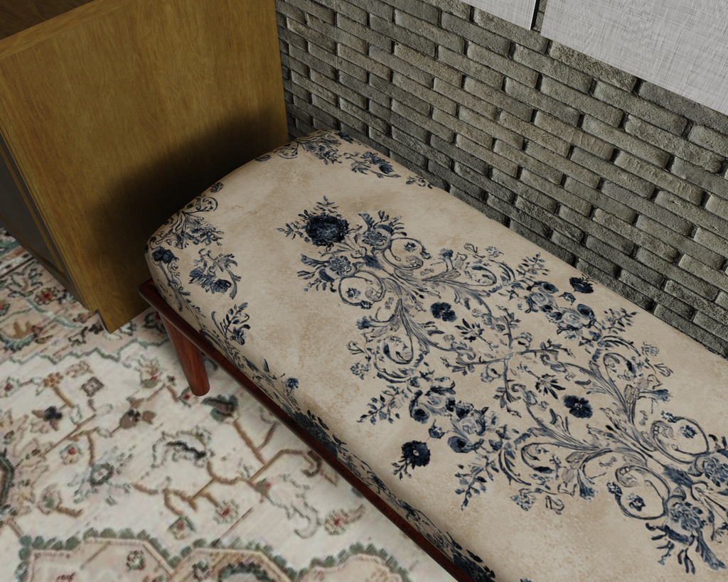 Ivory & Navy Delft Floral bench 5
