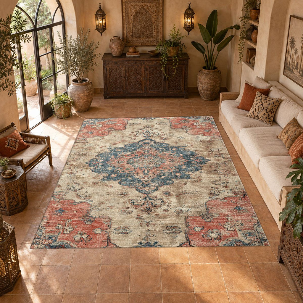 Faded Pink and Blue Vintage Oushak printed area rug