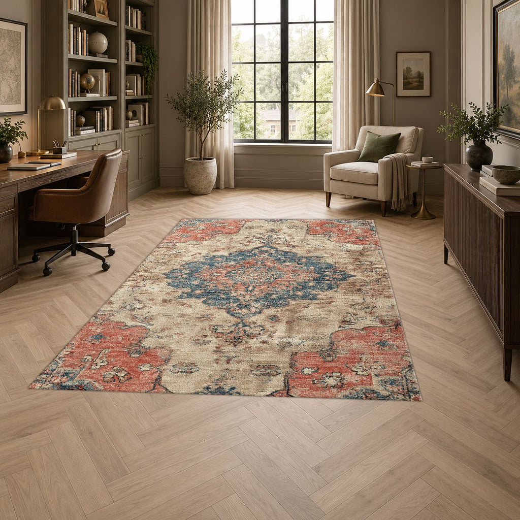 Faded Pink and Blue Vintage Oushak printed area rug