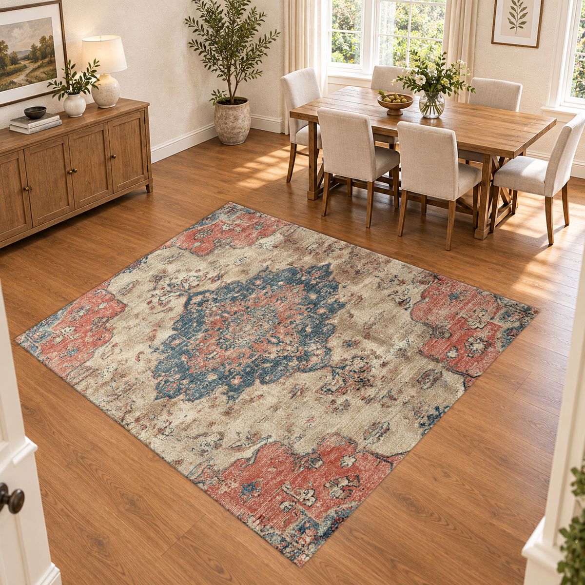 Faded Pink and Blue Vintage Oushak printed area rug