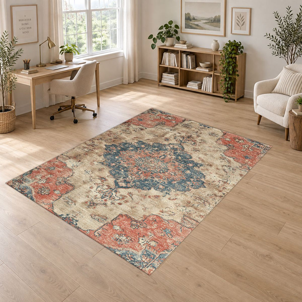 Faded Pink and Blue Vintage Oushak printed area rug
