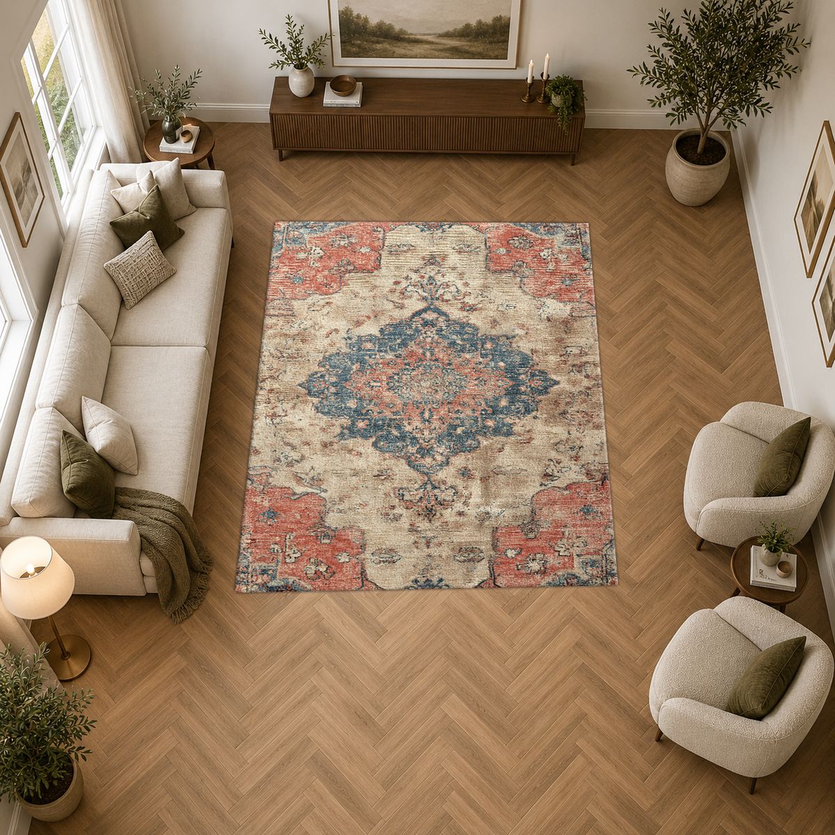 Faded Pink and Blue Vintage Oushak printed area rug