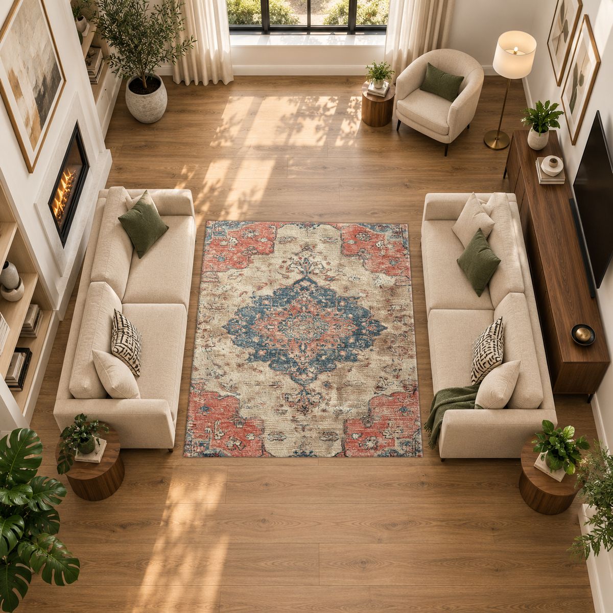 Faded Pink and Blue Vintage Oushak printed area rug
