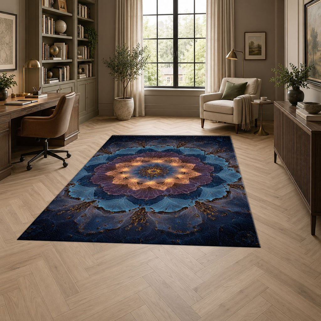 Blue Lotus Mandala Glow printed area rug