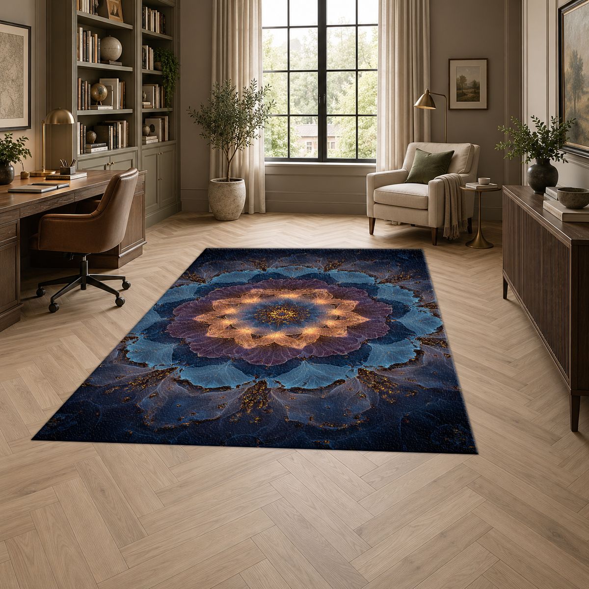 Blue Lotus Mandala Glow printed area rug