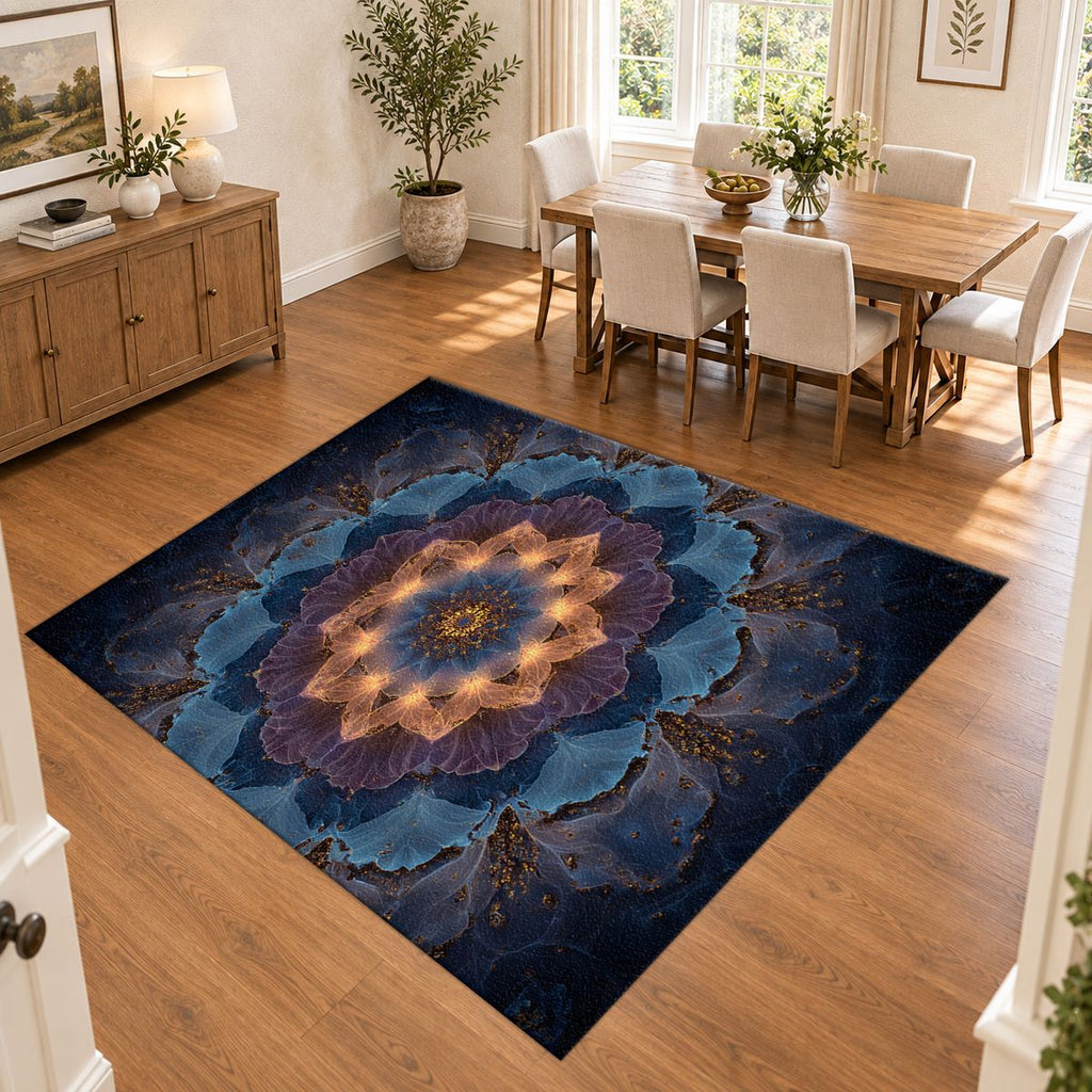 Blue Lotus Mandala Glow printed area rug