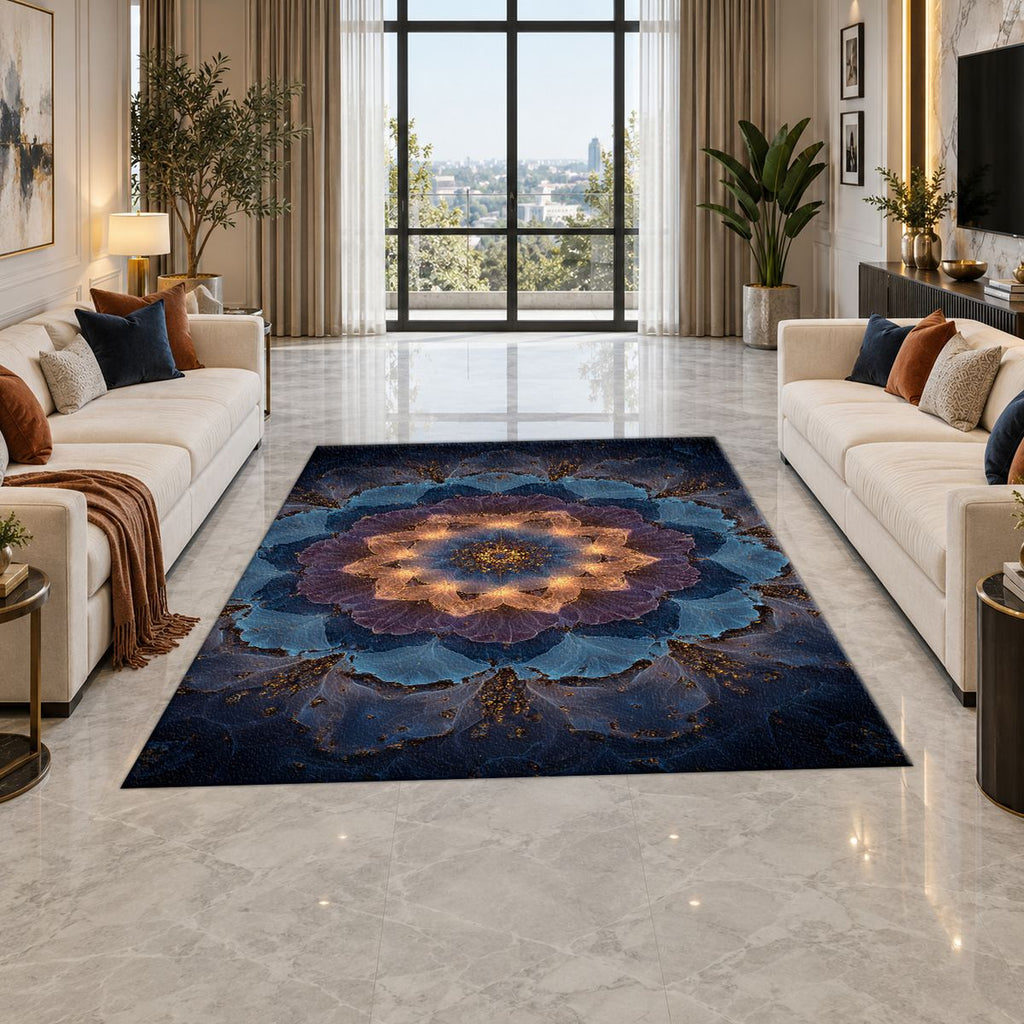 Blue Lotus Mandala Glow printed area rug