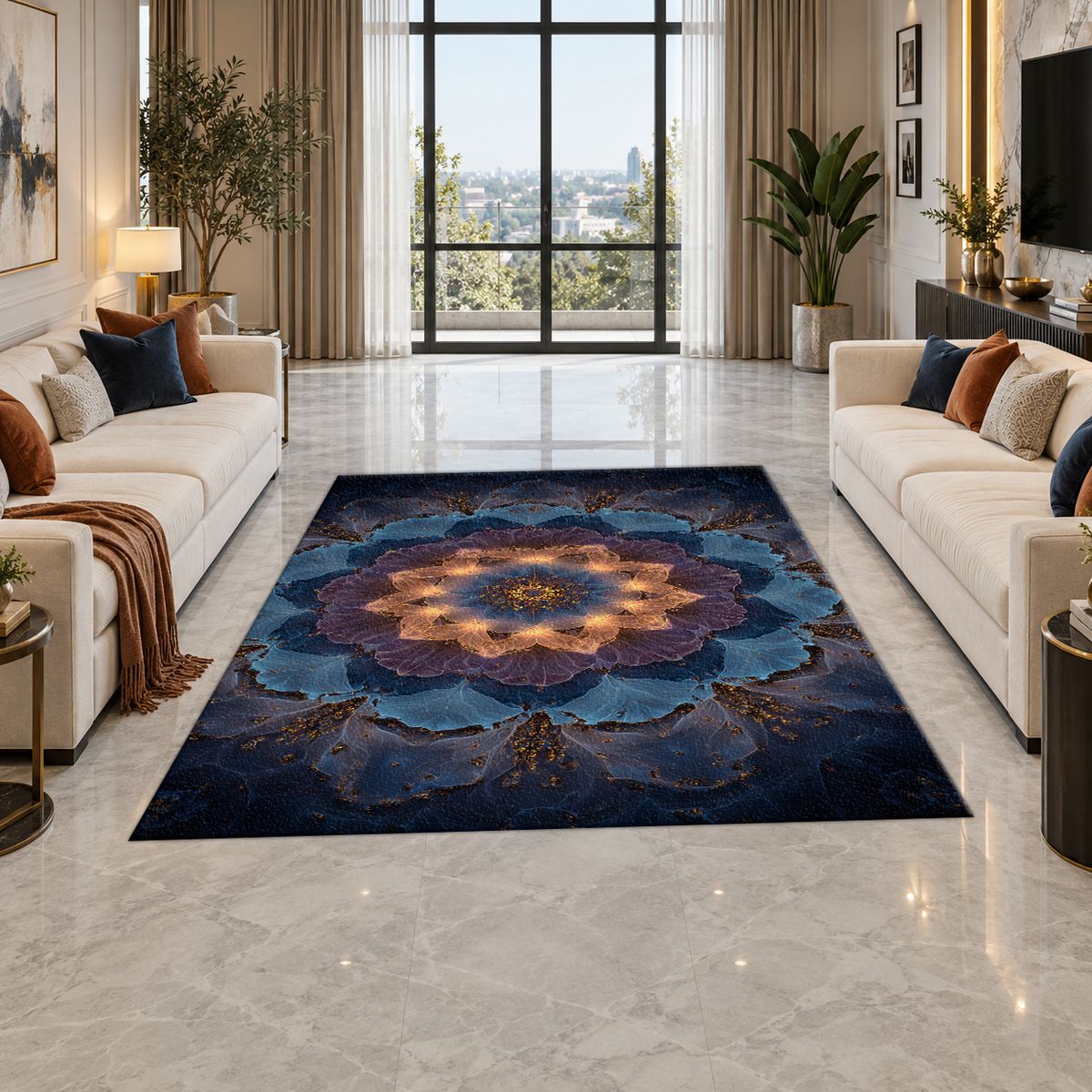 Blue Lotus Mandala Glow printed area rug