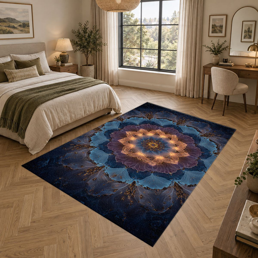 Blue Lotus Mandala Glow printed area rug