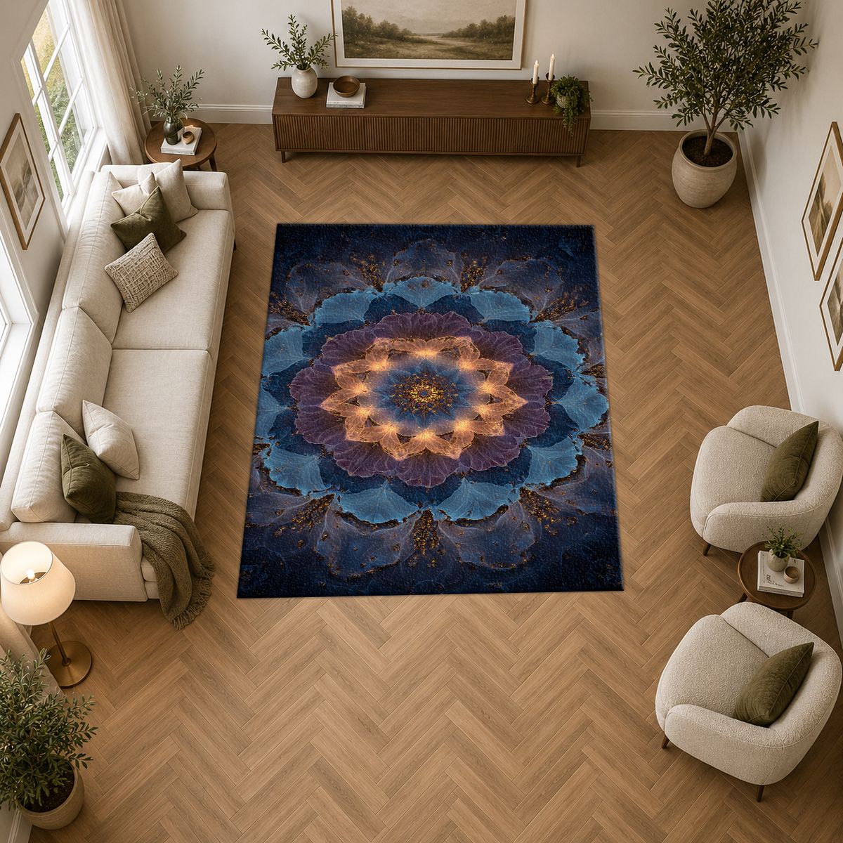 Blue Lotus Mandala Glow printed area rug