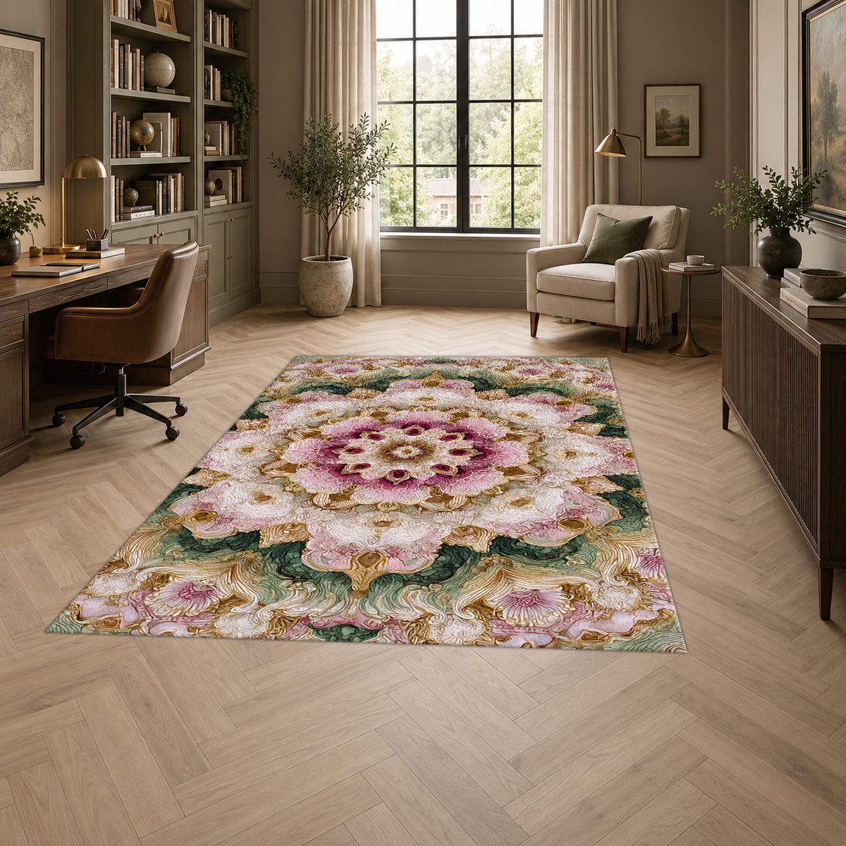 Pink and Sage Floral Mandala printed area rug