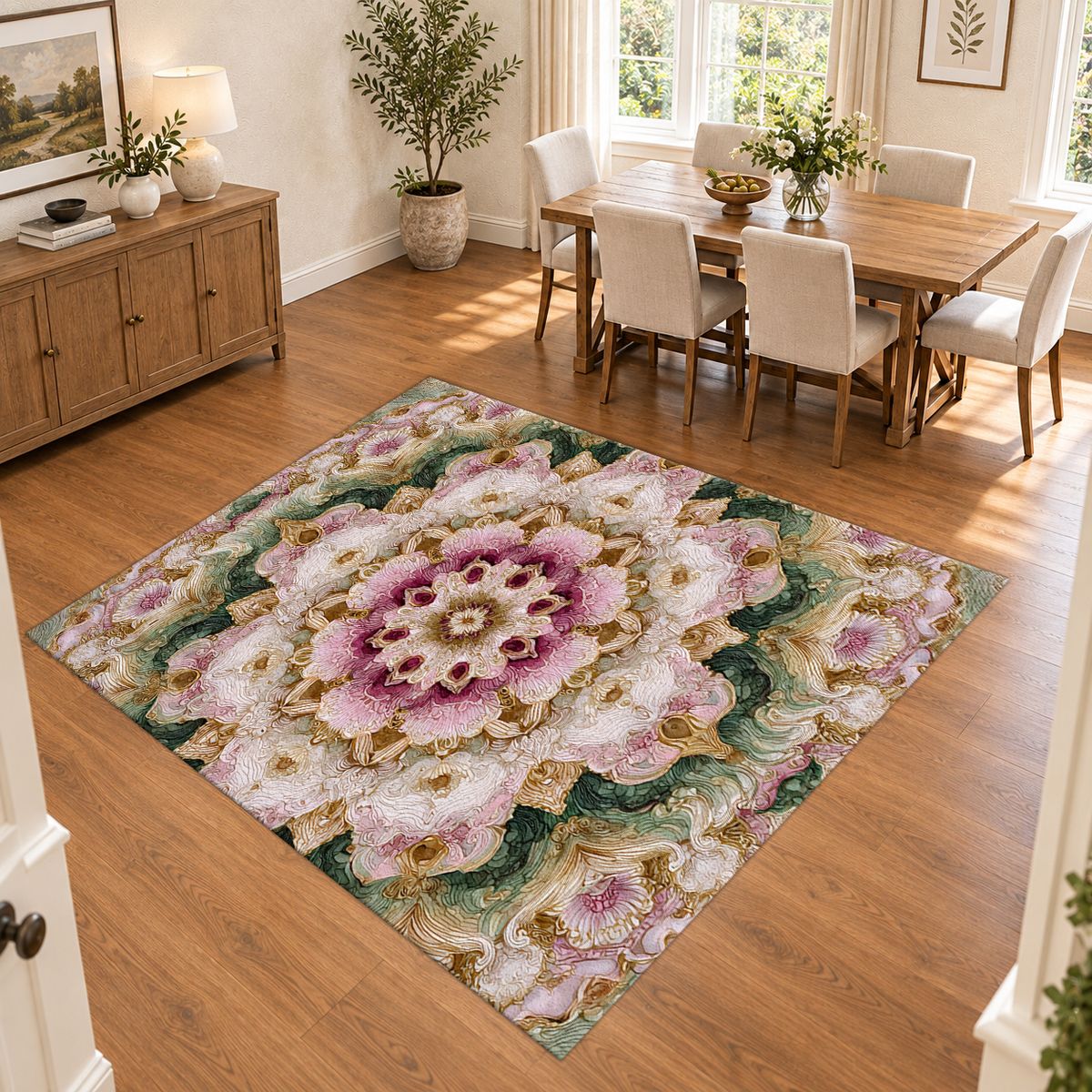 Pink and Sage Floral Mandala printed area rug