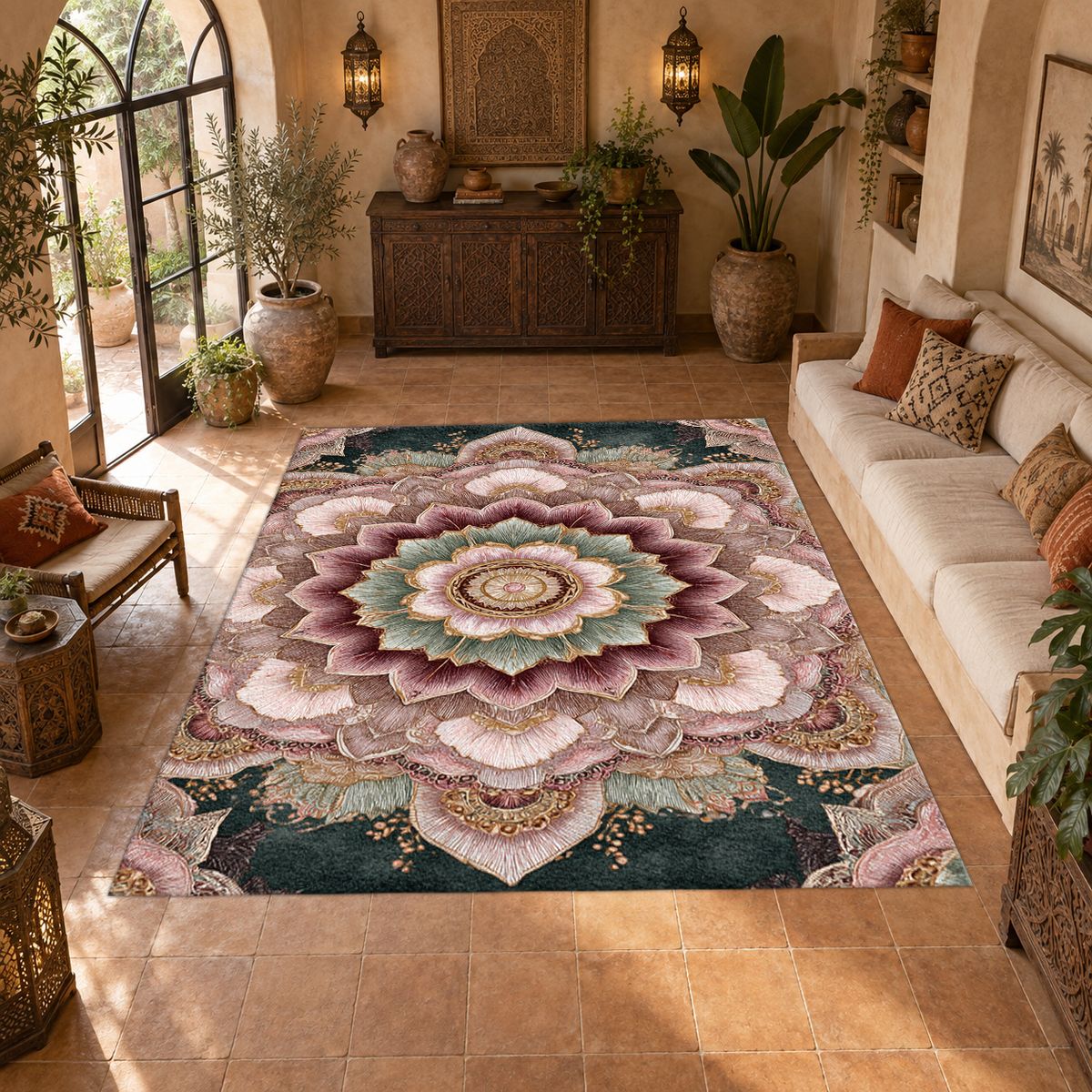 Blush Pink Lotus Mandala printed area rug