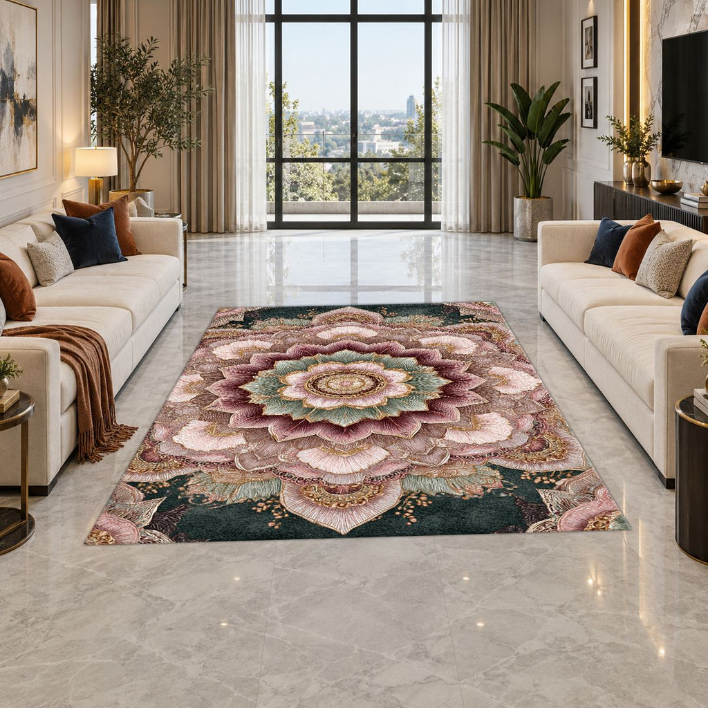 Blush Pink Lotus Mandala printed area rug