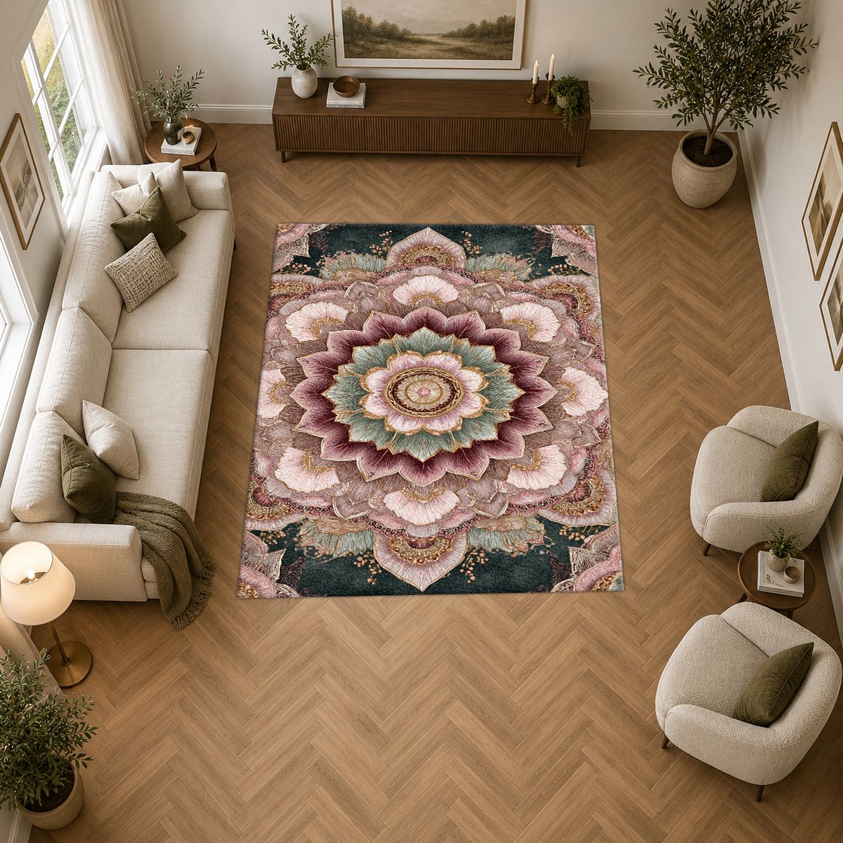 Blush Pink Lotus Mandala printed area rug
