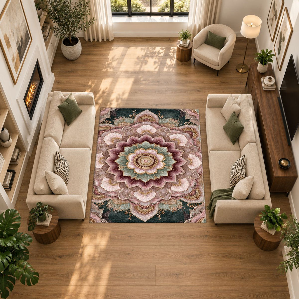 Blush Pink Lotus Mandala printed area rug