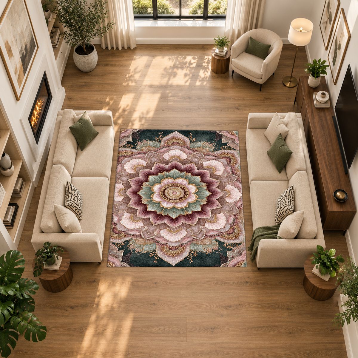 Blush Pink Lotus Mandala printed area rug