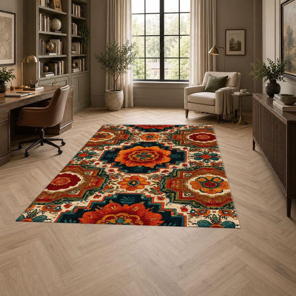 Orange Retro Floral Medallion printed area rug