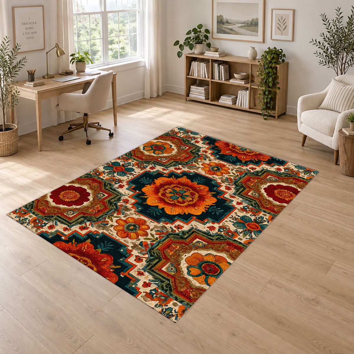 Orange Retro Floral Medallion printed area rug