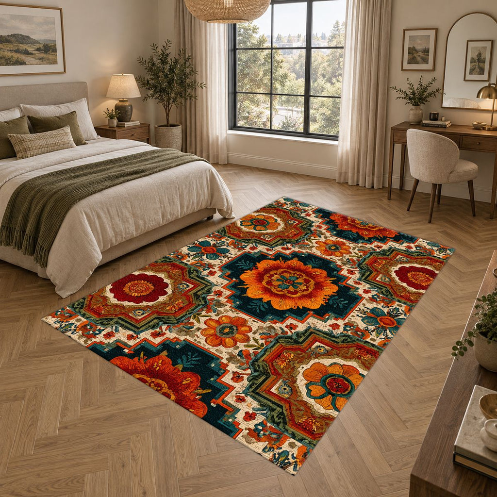 Orange Retro Floral Medallion printed area rug