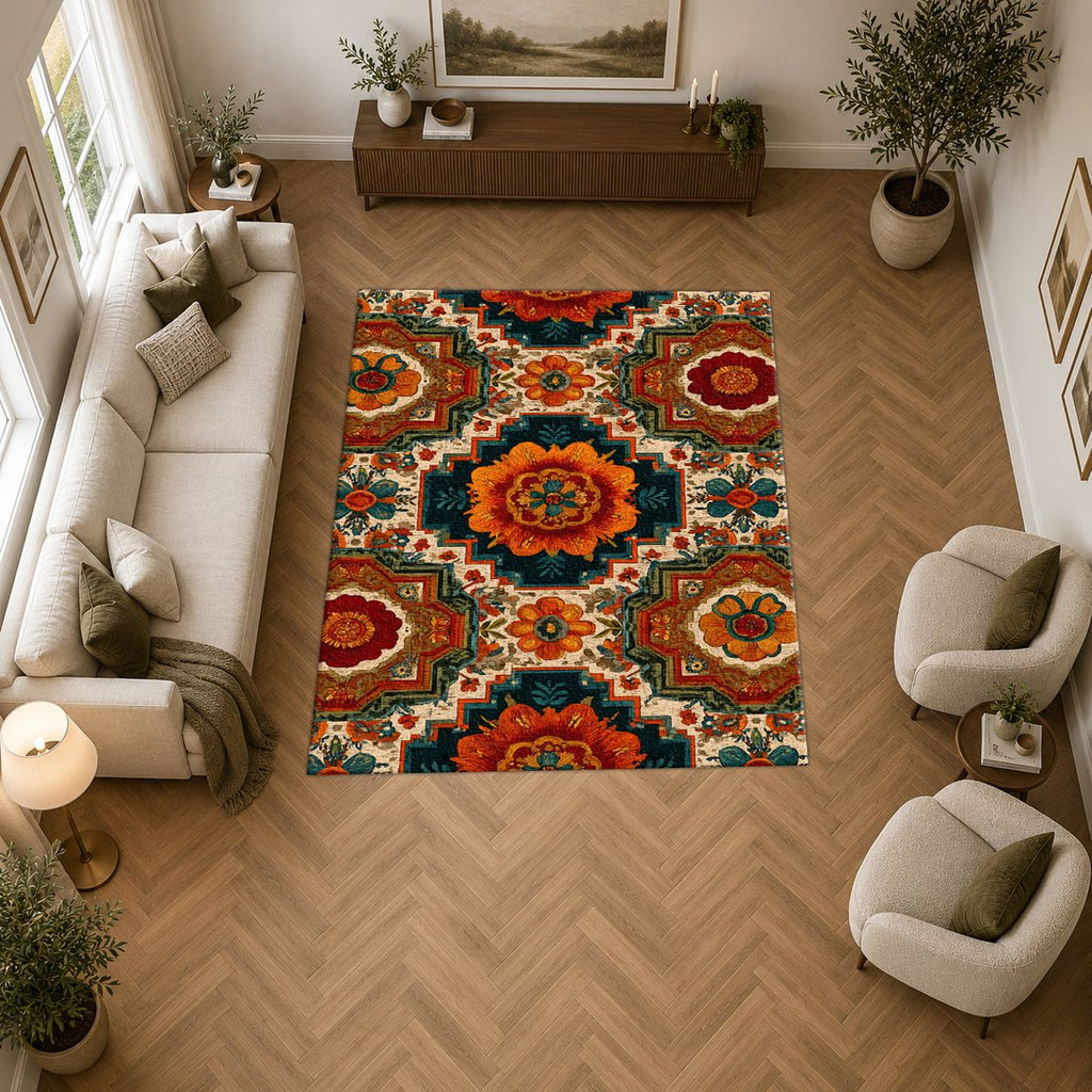 Orange Retro Floral Medallion printed area rug
