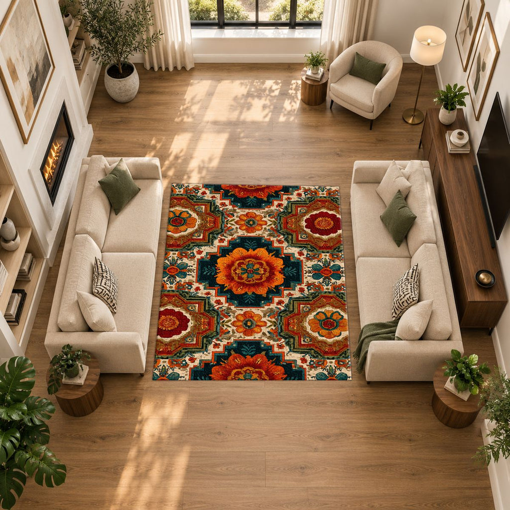 Orange Retro Floral Medallion printed area rug