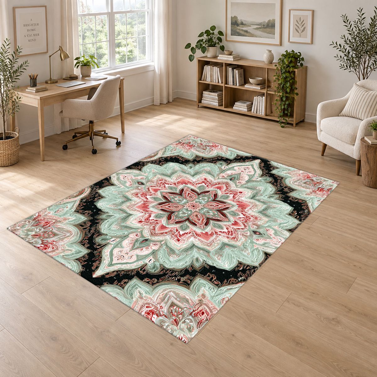 Mint and Black Diamond Medallion printed area rug