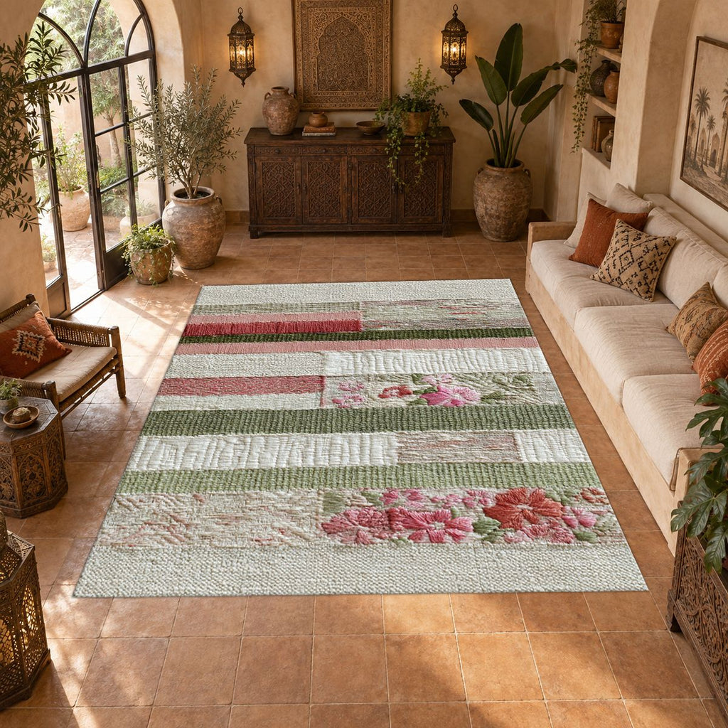 Shabby Chic Rose Striped Patchwork printed area rug
