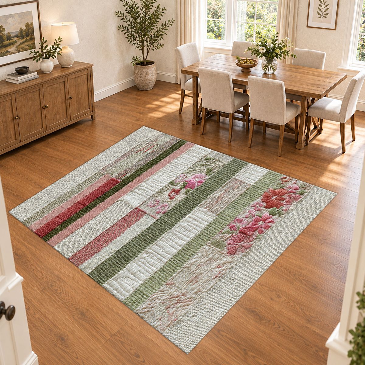 Shabby Chic Rose Striped Patchwork printed area rug