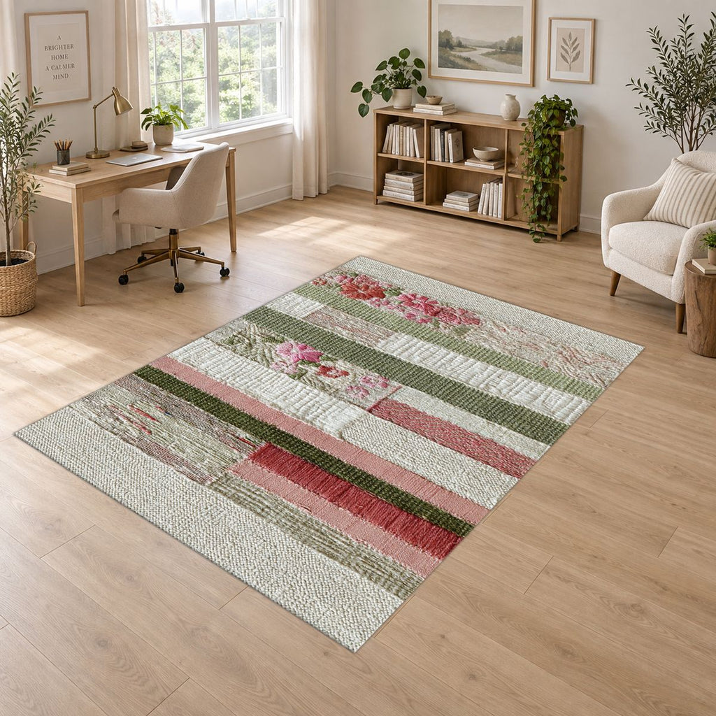 Shabby Chic Rose Striped Patchwork printed area rug