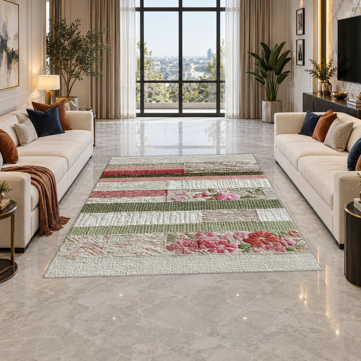 Shabby Chic Rose Striped Patchwork printed area rug