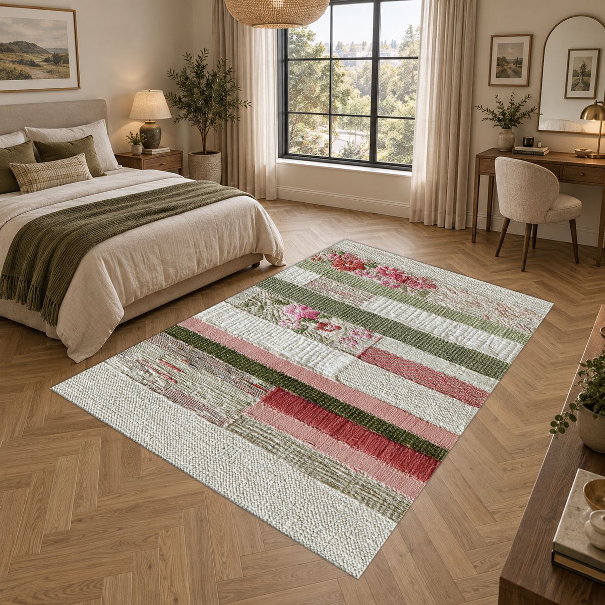 Shabby Chic Rose Striped Patchwork printed area rug