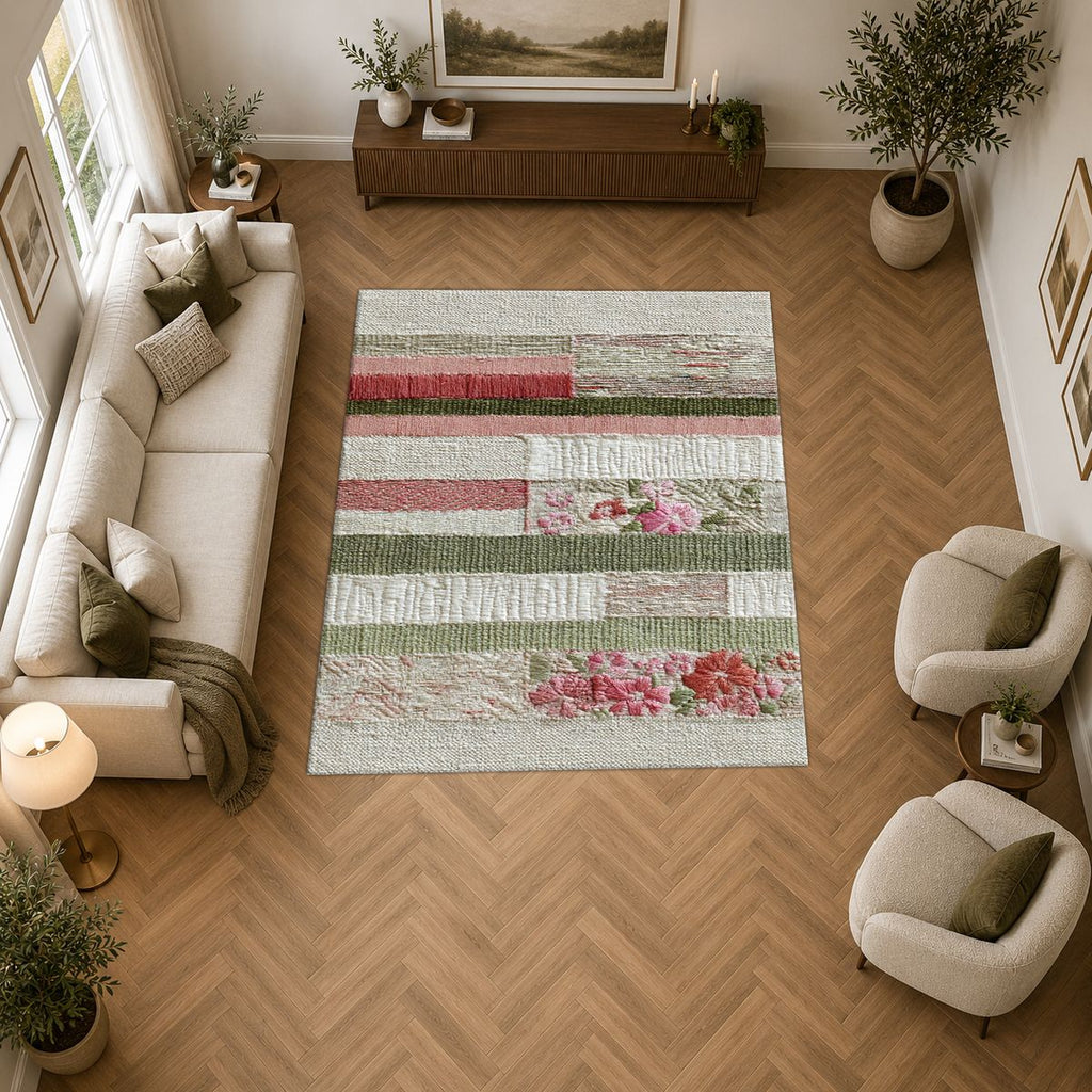 Shabby Chic Rose Striped Patchwork printed area rug