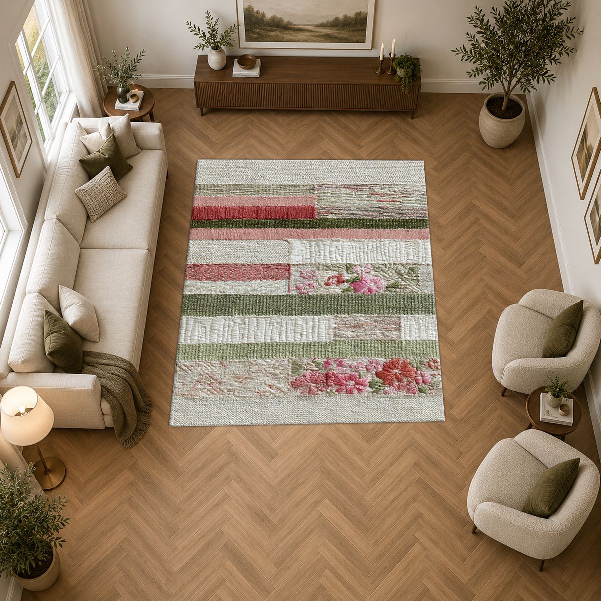 Shabby Chic Rose Striped Patchwork printed area rug