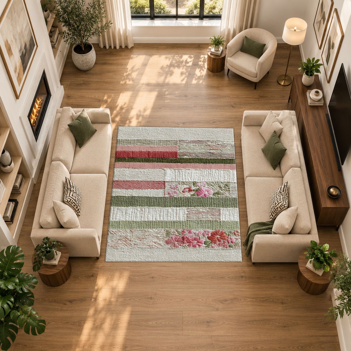 Shabby Chic Rose Striped Patchwork printed area rug