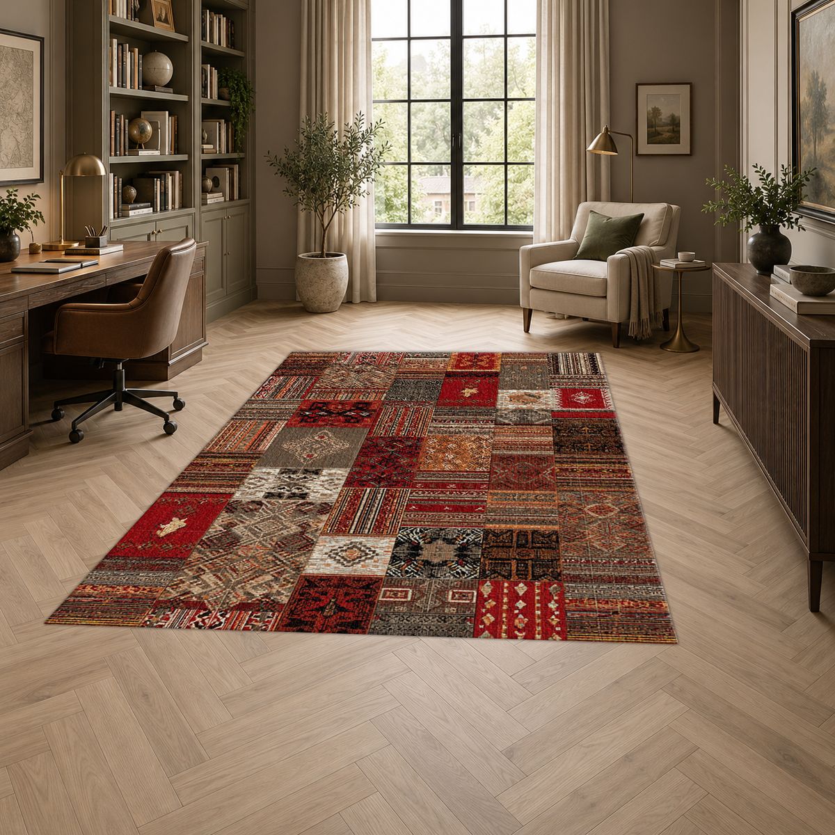 Red Turkish Kilim Patchwork printed area rug