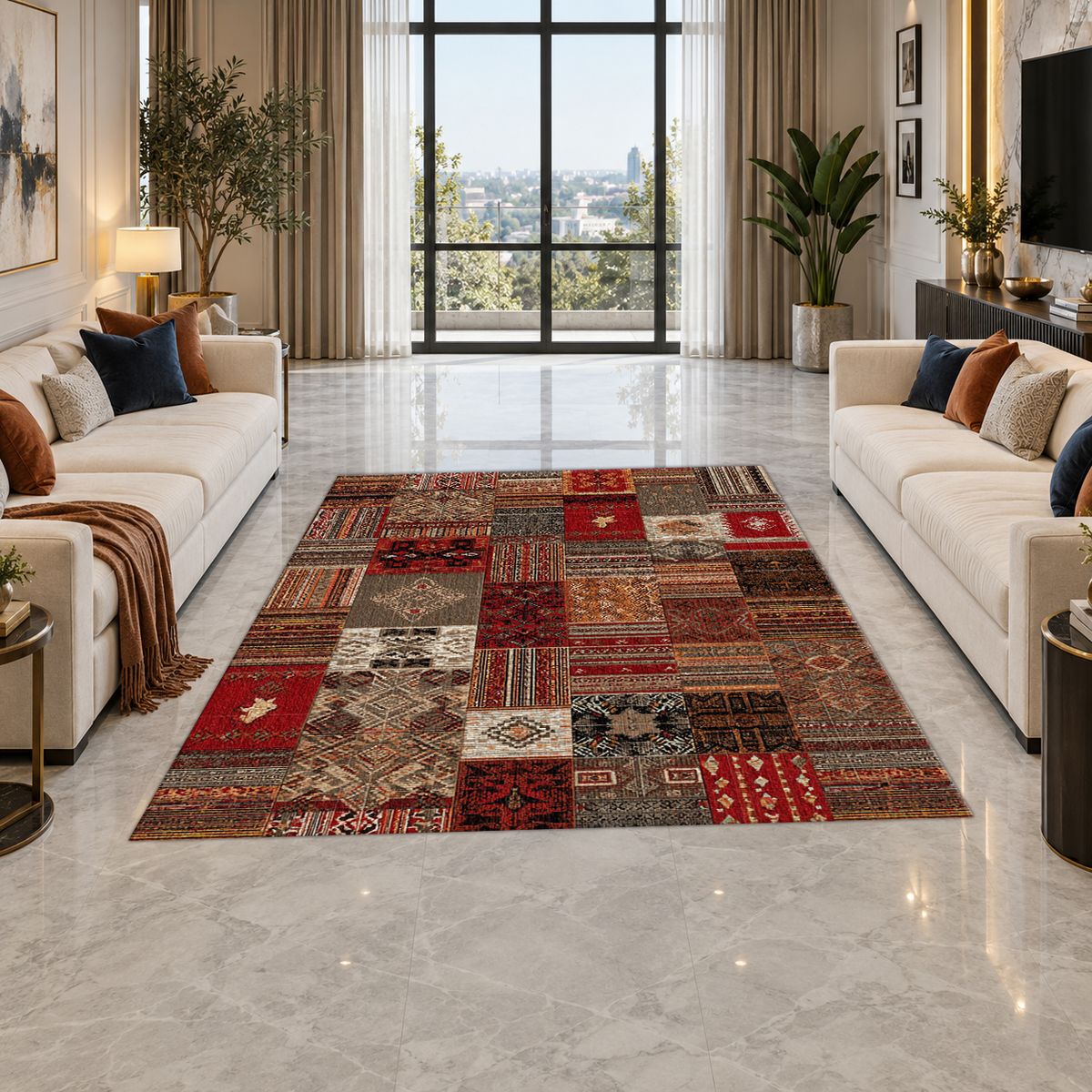 Red Turkish Kilim Patchwork printed area rug
