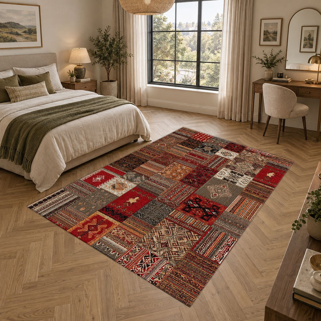 Red Turkish Kilim Patchwork printed area rug