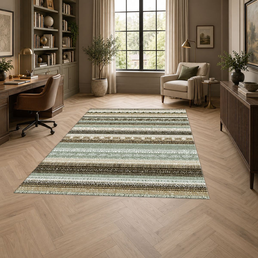 Sage and Cream Striped Woven printed area rug
