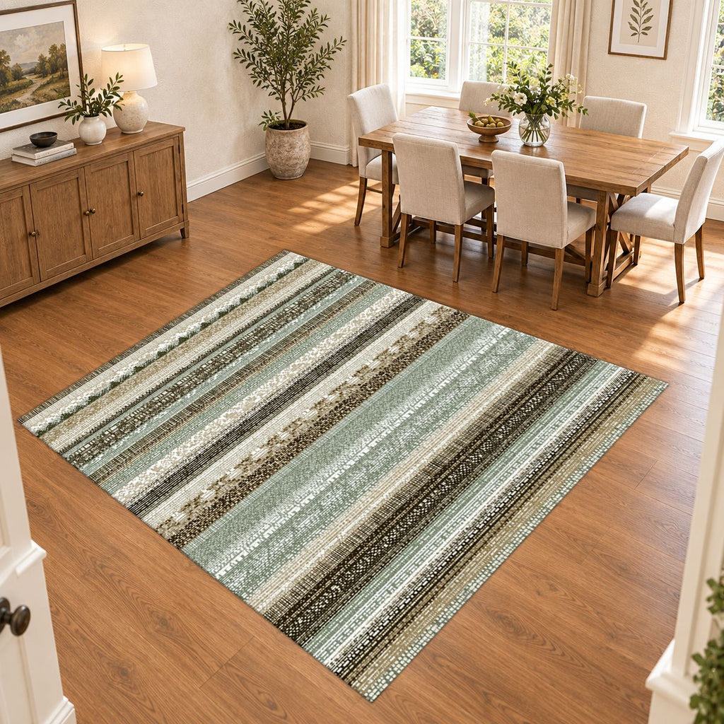 Sage and Cream Striped Woven printed area rug