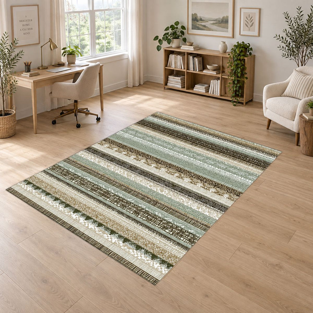 Sage and Cream Striped Woven printed area rug