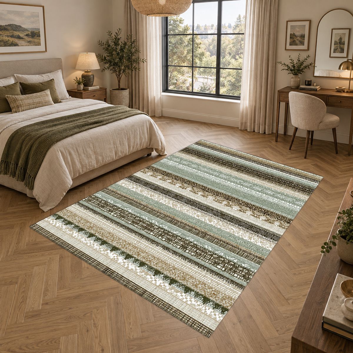 Sage and Cream Striped Woven printed area rug