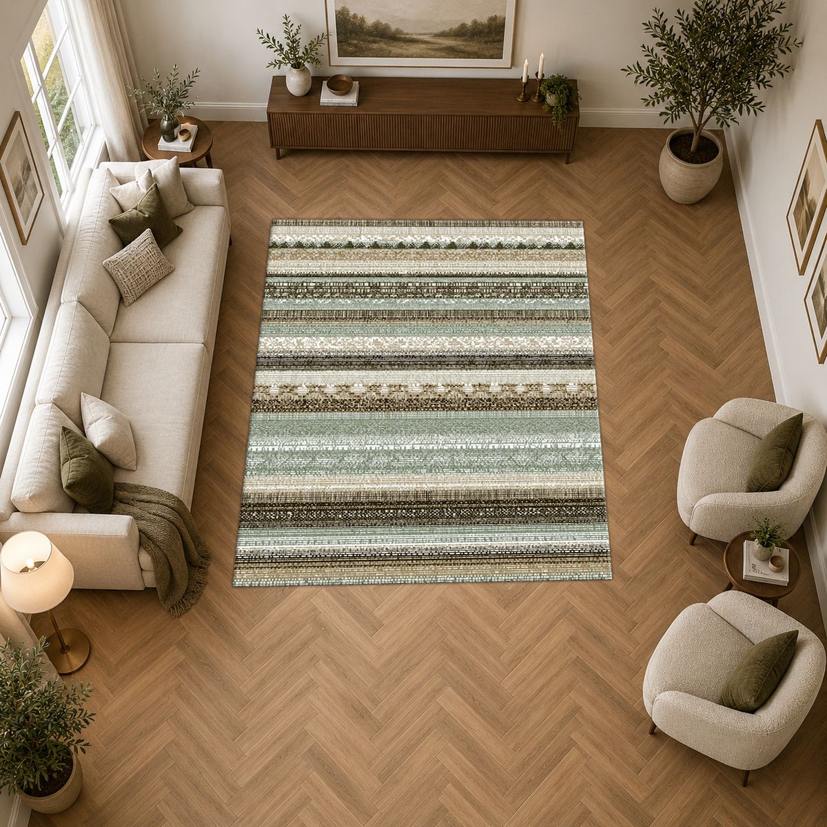 Sage and Cream Striped Woven printed area rug