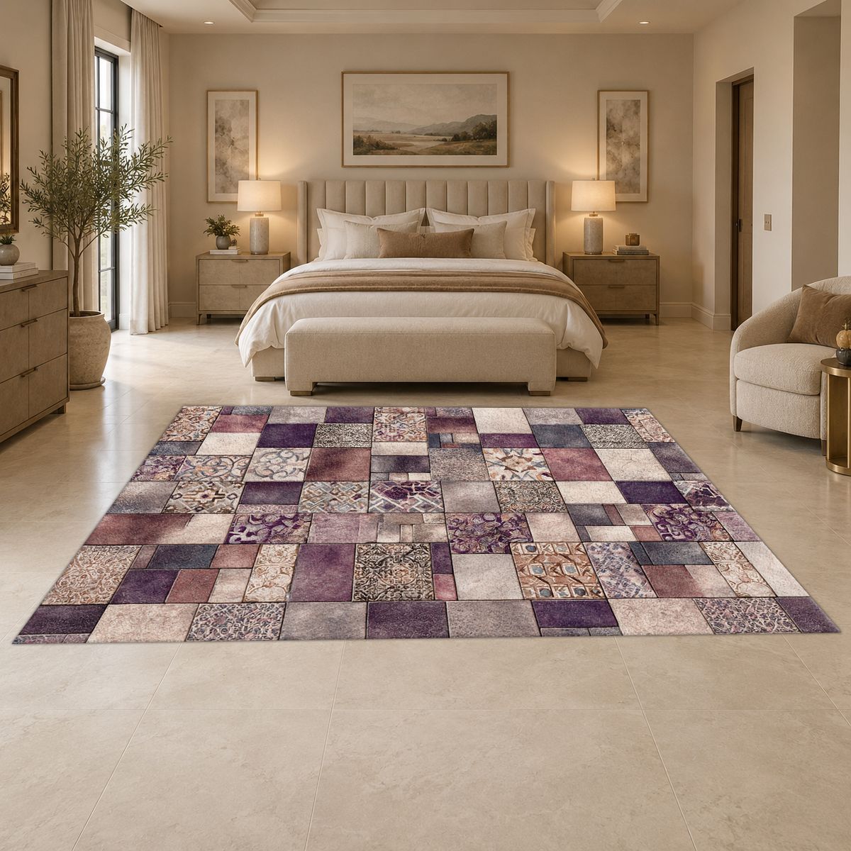 Purple Vintage Tile Patchwork printed area rug