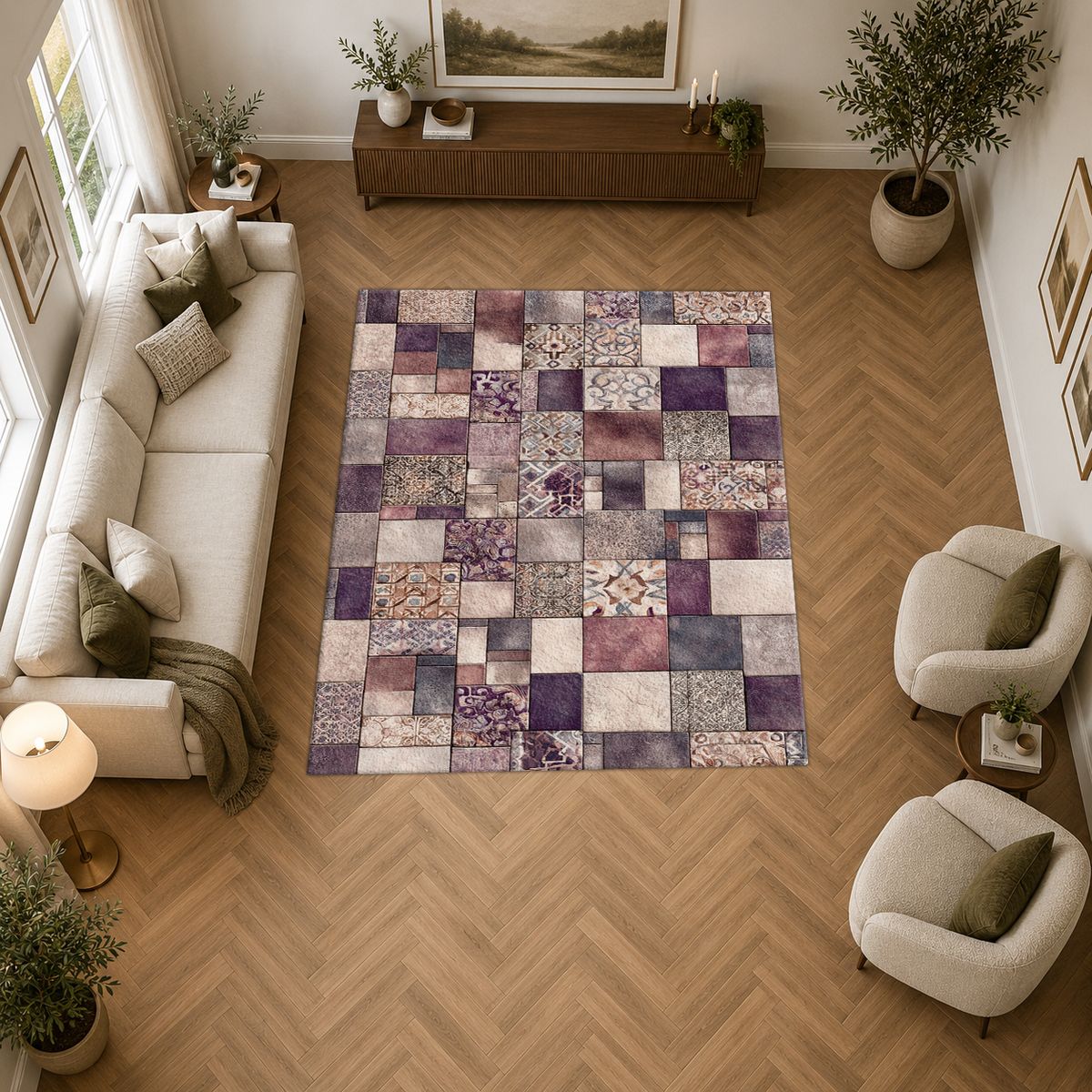 Purple Vintage Tile Patchwork printed area rug