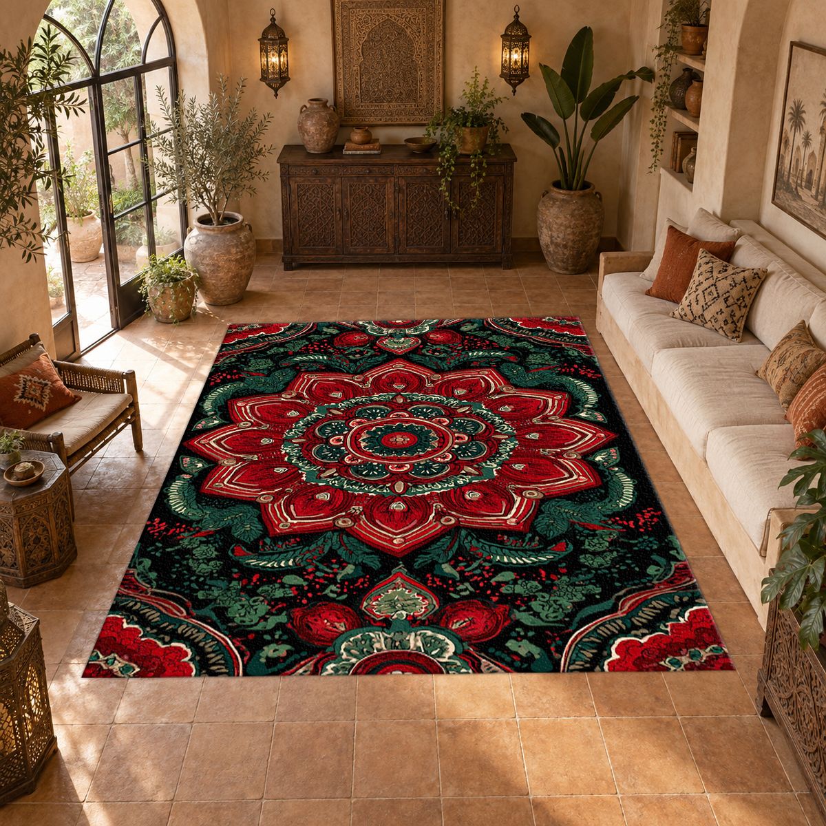 Red and Emerald Ornate Mandala printed area rug